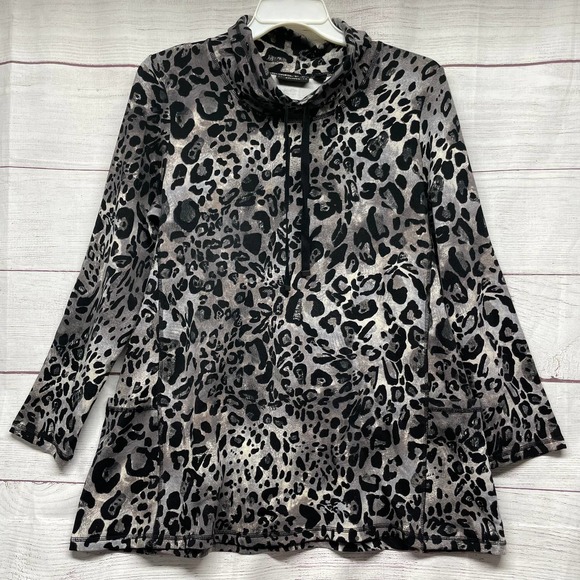 Susan Graver Animal Leopard Print Tuttle Neck Pullover Knit Tunic Shirt Size L - Picture 1 of 10